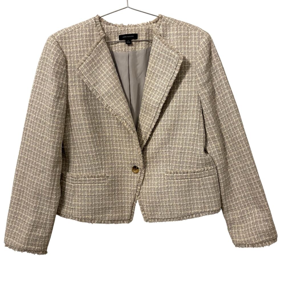Ann Taylor Women's Gray, Taupe & White Tweed Fringe Hem Blazer, one button, 12 - Picture 5 of 6